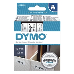 Dymo Schriftband D1, Kunststoff, laminiert, 7 m x 12 mm, Schwarz/Weiß