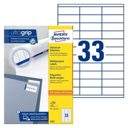 Avery Zweckform® 3421 Universal-Etiketten (A4, Papier matt, 3.300 Etiketten, 70 x 25,4 mm) 100 Blatt weiß