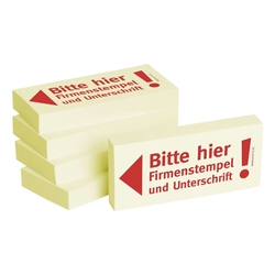 Bedruckte Haftnotizen - Text: Bitte hier Firmenstempel und Unterschrift