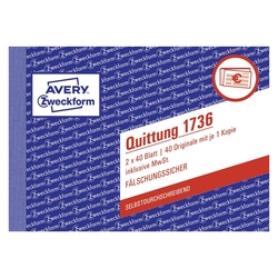 Avery Zweckform® 1736 Quittung inkl. MwSt., DIN A6 quer, fälschungssicher, 2 x 40 Blatt, weiß, gelb