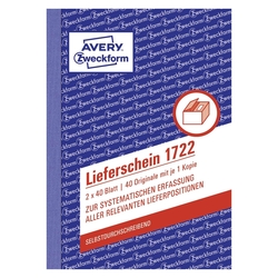 Avery Zweckform® 1722 Lieferschein, DIN A6, selbstdurchschreibend, 2 x 40 Blatt, weiß, gelb