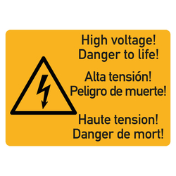 Hinweisschild Kombischild "High voltage! Danger to life!" 3-sprachiger Aufkleber 105 x 74 mm Einzeletikett