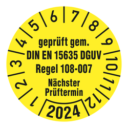 Prüfplaketten Ø 30 mm "geprüft gem. DIN EN 15635 DGUV Regel 108-007 Nächster Prüftermin" aus PVC-Folie 10 Stück/Bogen