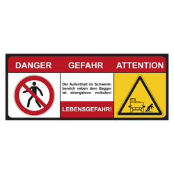 Bagger-Schild "Danger Gefahr Attention Lebensgefahr" 500 x 200 mm