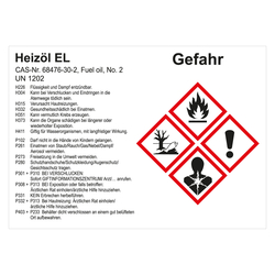 GHS Gefahrstoffetikett Heizöl EL Nr. 2 UN 1202, für interne Verwendung, Folie, 148 x 105 mm, 100 Stück/Rolle