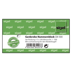 Sigel® Garderobe-Nummernblock - nummeriert 1-500, 105 x 50 mm, 5 x 100 Stück, 2-fbg. sortiert