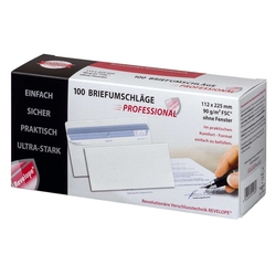 PROFESSIONAL Briefumschlag - 112 x 225 mm, o. Fenster, weiß,  90 g/qm, Innendruck, Revelope-Klebung, 100 Stück