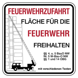 Feuerwehrzufahrt Schild Fläche für die Feuerwehr freihalten mit Paragraphen Aluminium 500 x 500 mm Einzelschild