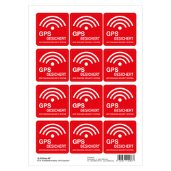 GPS Tracker Aufkleber "GPS-Gesichert" 40 x 40 mm auf Bogen á 12 Stück wetter- und UV-beständig