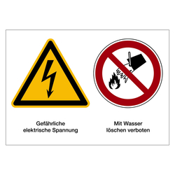 Hinweisschild "Gefährliche elektrische Spannung / Mit Wasser löschen verboten" nach DIN EN ISO 7010 Aufkleber Folie 210 x 148 mm