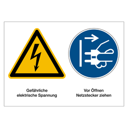 Hinweisschild "Gefährliche elektrische Spannung / Vor Öffnen Netzstecker ziehen" nach DIN EN ISO 7010 Aufkleber Folie 210 x 148 mm