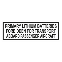 Verpackungskennzeichen PRIMARY LITHIUM BATTERIES - FORBIDDEN FOR TRANSPORT ABOARD PASSENGER AIRCRAFT, in verschiedenen Größen und Materialien