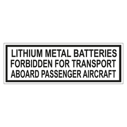 Verpackungskennzeichen LITHIUM METAL BATTERIES - FORBIDDEN FOR TRANSPORT ABOARD PASSENGER AIRCRAFT, in verschiedenen Größen und Materialien