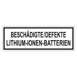 Verpackungskennzeichen BESCHÄDIGTE/DEFEKTE LITHIUM-IONEN-BATTERIEN, in verschiedenen Größen und Materialien