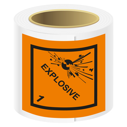 Gefahrzettel, Gefahrgutaufkleber Klasse 1 Explosive Stoffe mit Zusatztext EXPLOSIVE, Folie, 100 x 100 mm, 100 Stück/Rolle