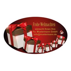 Weihnachtsaufkleber oval 60 x 35 mm "Frohe Weihnachten mit Geschenken" 500er Rolle mit Eindruck