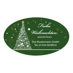 Weihnachtsaufkleber oval 60 x 35 mm "Frohe Weihnachten mit Tannenbaum" 500er Rolle mit Eindruck