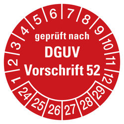 Prüfplaketten rot Ø 30 mm "geprüft nach DGUV Vorschrift 52" aus PVC-Folie 10 Stück/Bogen