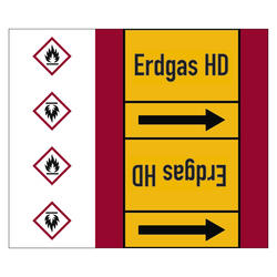 Rohrleitungskennzeichen Erdgas HD für Rohrleitungen ab Ø 50 mm (2 Zoll), Folie selbstklebend 180 mm x 33 m auf Rolle