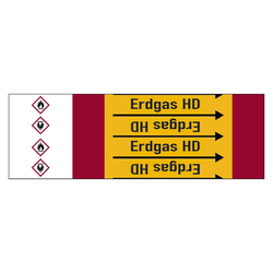 Rohrleitungskennzeichen Erdgas HD für Rohrleitungen ab Ø 10 mm (3/8 Zoll), Folie selbstklebend 105 mm x 33 m auf Rolle
