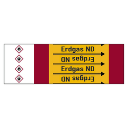 Rohrleitungskennzeichen Erdgas ND für Rohrleitungen ab Ø 10 mm (3/8 Zoll), Folie selbstklebend 105 mm x 33 m auf Rolle