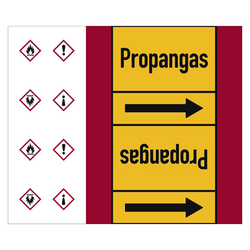 Rohrleitungskennzeichen Propangas für Rohrleitungen ab Ø 50 mm (2 Zoll), Folie selbstklebend 180 mm x 33 m auf Rolle