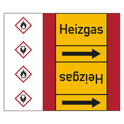 Rohrleitungskennzeichen Heizgas für Rohrleitungen ab Ø 50 mm (2 Zoll), Folie selbstklebend 180 mm x 33 m auf Rolle