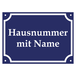 Hausnummer nach Wunsch mit Name blau/weiß, Emaille, 210 x 148 mm