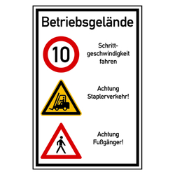 Hinweisschild Betriebsgelände "Schrittgeschwindigkeit 10 km/h" Aluminium-Verbund 600 x 900 mm