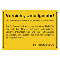 Grabstein Aufkleber "Vorsicht, Unfallgefahr! Grabmal Standsicherheit" in verschiedenen Ausführungen