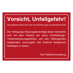 Grabstein Aufkleber "Vorsicht, Unfallgefahr! Grabmal Standsicherheit" in verschiedenen Ausführungen