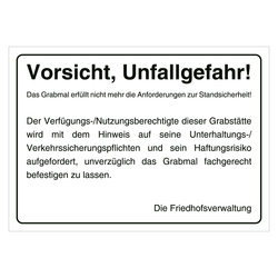 Grabstein Aufkleber "Vorsicht, Unfallgefahr! Grabmal Standsicherheit" in verschiedenen Ausführungen