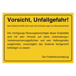 Grabstein Aufkleber "Vorsicht, Unfallgefahr! Grabmal Standsicherheit" Folie gelb 148 x 105 mm 100 Stück/Rolle