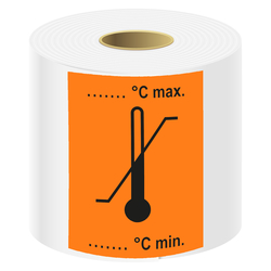 Verpackungskennzeichen Zulässiger Temperaturbereich, Orange, Haftpapier, 74 x 105 mm, 500 Stück/Rolle