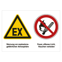 Hinweisschild Kombischild "Warnung vor explosionsgefährlicher Atmosphäre / Feuer verboten", praxisbewährt Folie, 210 x 148 mm
