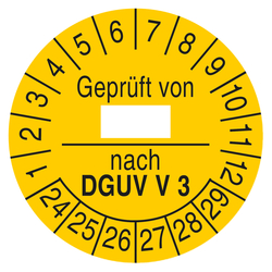 Prüfplaketten gelb Ø 20 mm "Geprüft von ... nach DGUV V 3" 2024 - 2029 aus PVC-Folie 28 Stück/Bogen