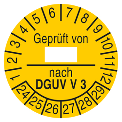 Prüfplaketten gelb Ø 30 mm "Geprüft von ... nach DGUV V 3" 2024 - 2029 aus Dokumentenfolie