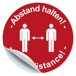 Hinweisschild "Abstand halten! Keep distance!" Folie, rot, Ø 40 mm 12 Stück/Bogen