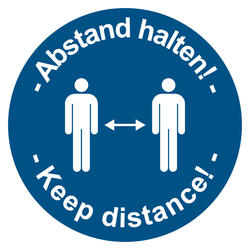 Hinweisschild "Abstand halten! Keep distance!" Folie, blau, Ø 40 mm 12 Stück/Bogen