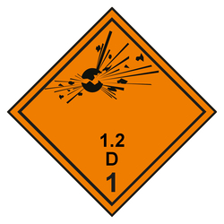 Gefahrzettel, Gefahrgutaufkleber Klasse 1.2 D Explosive Stoffe mit durchgehender Kontrastlinie in verschiedenen Größen und Materialien