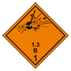 Gefahrzettel, Gefahrgutaufkleber Klasse 1.3 B Explosive Stoffe mit gestrichelter Kontrastlinie in verschiedenen Größen und Materialien