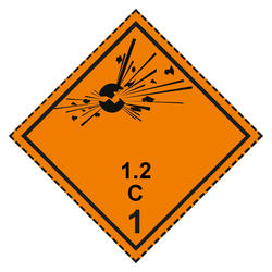 Gefahrzettel, Gefahrgutaufkleber Klasse 1.2 C Explosive Stoffe mit gestrichelter Kontrastlinie in verschiedenen Größen und Materialien