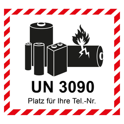 Aufkleber Lithium Batterie mit UN-Nummer UN 3090 und Eindruck Telefonnummer, in verschiedenen Größen und Materialien