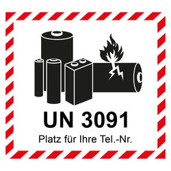 Aufkleber Lithium Batterie mit UN-Nummer UN 3091 und Eindruck Telefonnummer, in verschiedenen Größen und Materialien