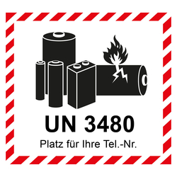 Aufkleber Lithium Batterie mit UN-Nummer UN 3480 und Eindruck Telefonnummer, in verschiedenen Größen und Materialien
