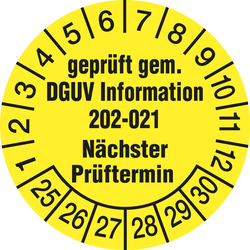 Prüfplaketten gelb Ø 30 mm "geprüft gem. DGUV Information 202-021 Nächster ... " 2025 10 Stück/Bogen