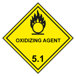 Gefahrzettel, Gefahrgutaufkleber Klasse 5.1 Entzündend (oxidierend) wirkende Stoffe, Flamme über einem Kreis Schwarz mit Zusatztext OXIDIZING AGENT, mit durchgehender Kontrastlinie in verschiedenen Größen und Materialien