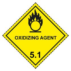 Gefahrzettel, Gefahrgutaufkleber Klasse 5.1 Entzündend (oxidierend) wirkende Stoffe, Flamme über einem Kreis Schwarz mit Zusatztext OXIDIZING AGENT, mit gestrichelter Kontrastlinie in verschiedenen Größen und Materialien