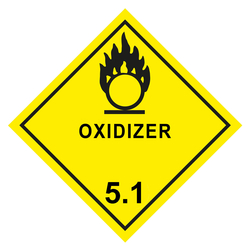 Gefahrzettel, Gefahrgutaufkleber Klasse 5.1 Entzündend (oxidierend) wirkende Stoffe, Flamme über einem Kreis Schwarz mit Zusatztext OXIDIZER, in verschiedenen Größen und Materialien