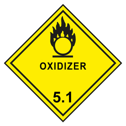 Gefahrzettel, Gefahrgutaufkleber Klasse 5.1 Entzündend (oxidierend) wirkende Stoffe, Flamme über einem Kreis Schwarz mit Zusatztext OXIDIZER, mit durchgehender Kontrastlinie in verschiedenen Größen und Materialien